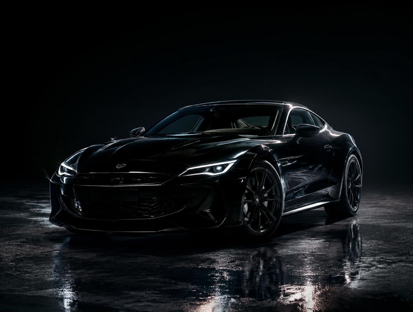 Glossy black sports coupe on a wet showroom floor